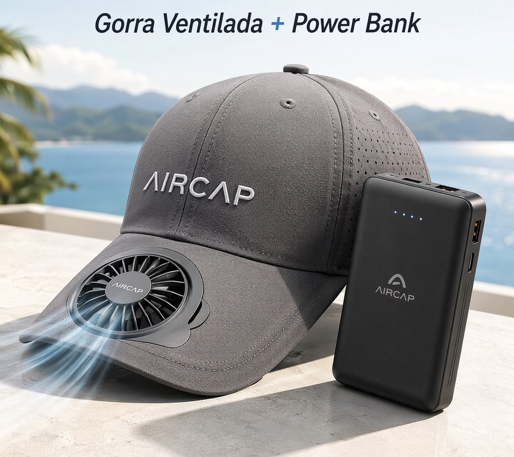 Pack AirCap Gorra con Ventilador + Batería Portátil, El Pack Definitivo
